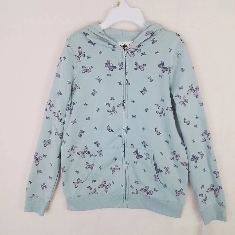 OshKosh Fleece Lined Full Zip Hoodie Girls Size‎ 14 in Green w/ Butterfly Theme